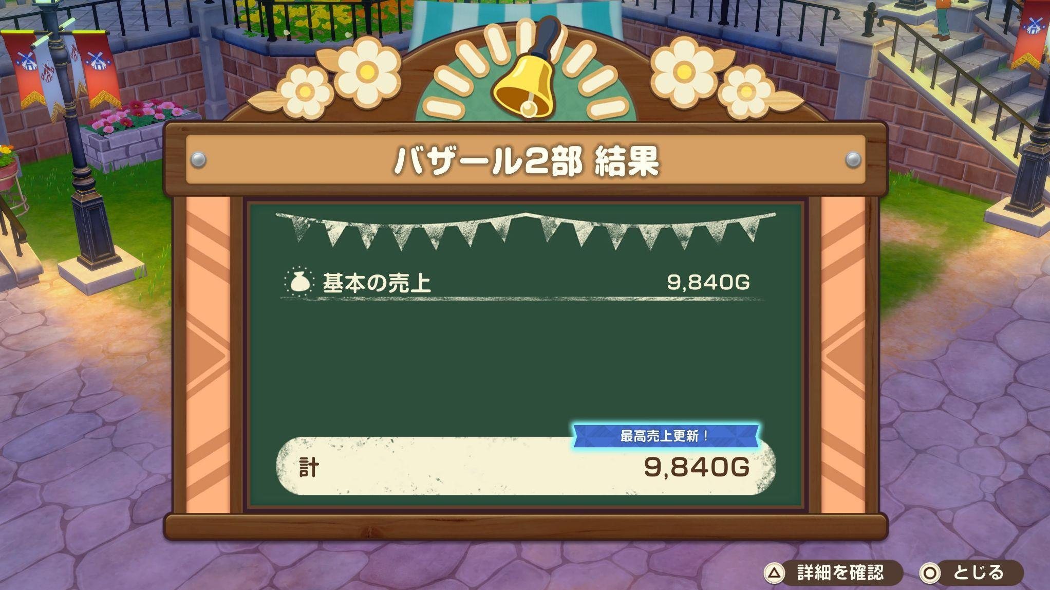 バザール2部の売上結果。9840Gで最高売上更新