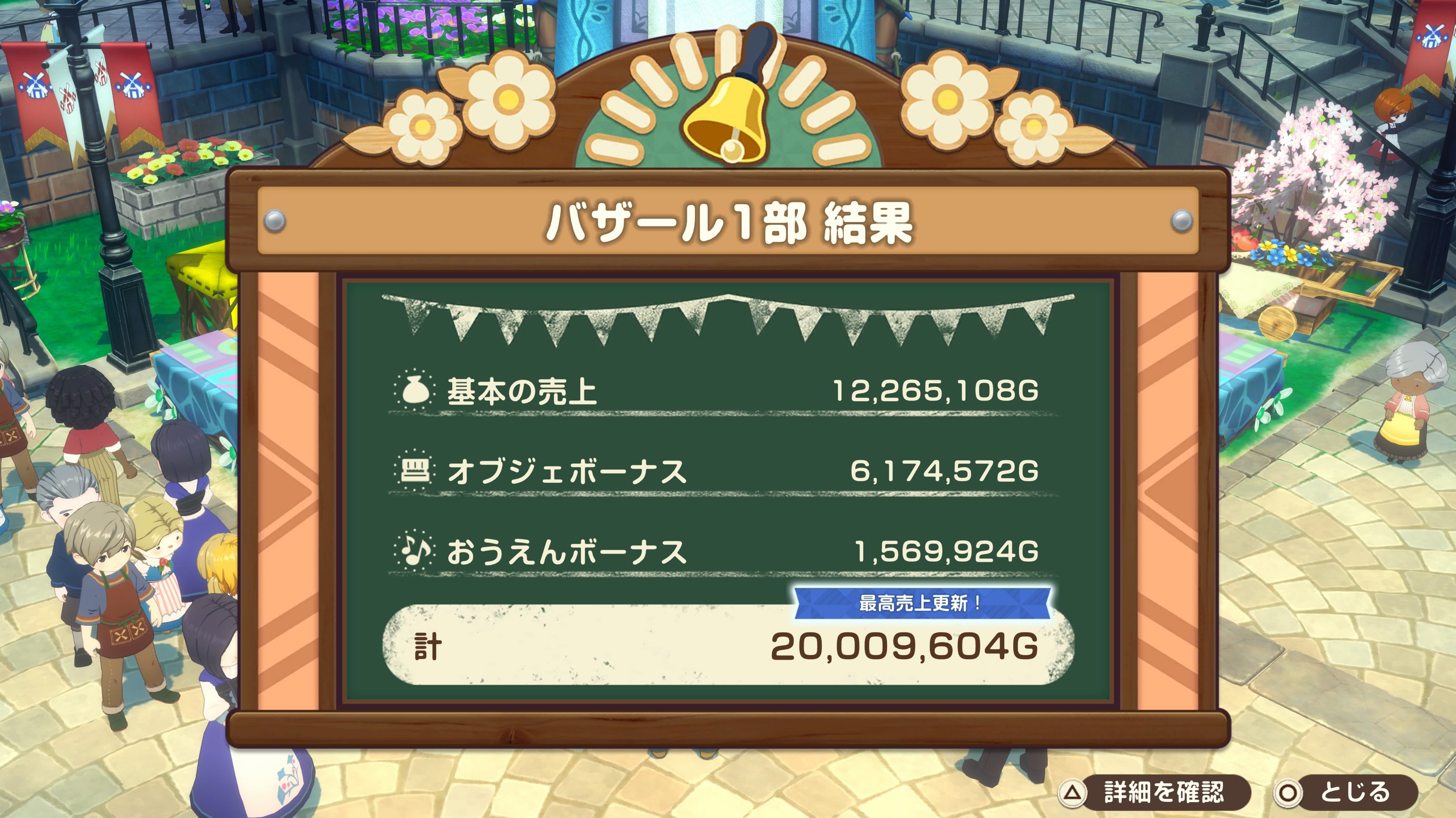 終盤のバザール1部の結果画面。ボーナス込みで合計20,009,604Gを達成